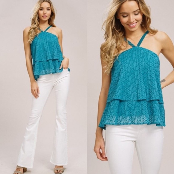 Glam Girl Fashion Tops - NWT Eyelet Embroidered Turquoise Halter Top